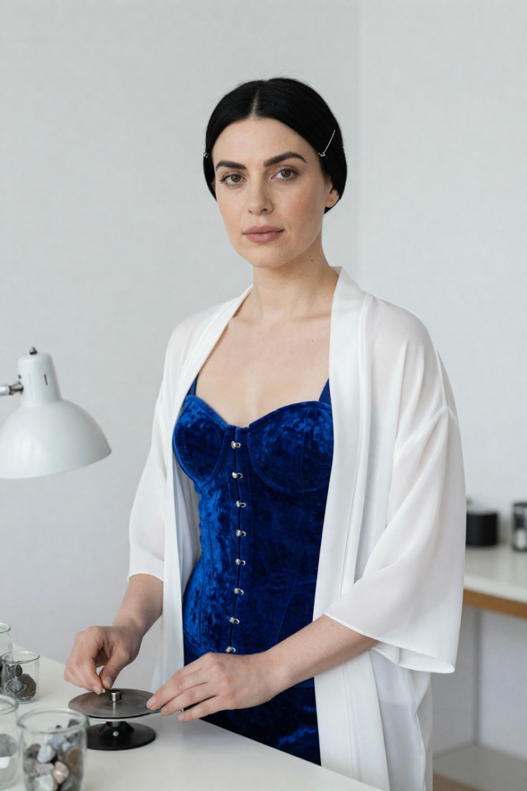 FuliGem bench portrait: a fictional 36-year-old muse in a sapphire velvet corset and sheer white robe at a lapidary workbench with a faceting wheel and jars of rough stones